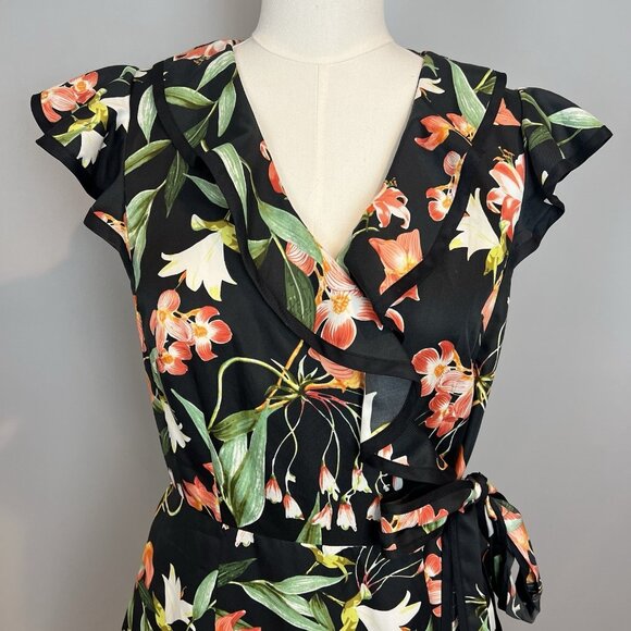 Hi There from Karen Walker Black Tropical Wrap Dress Size 6 Ruffle Anthropologie - Picture 2 of 12